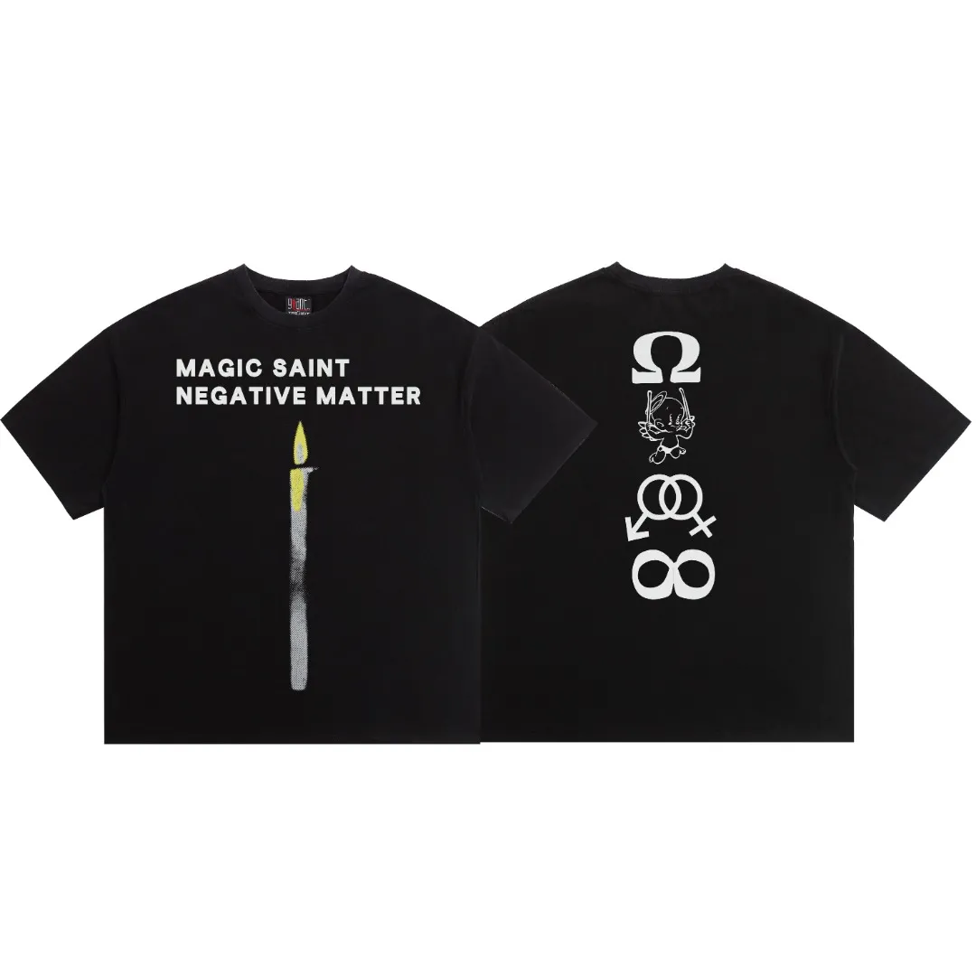 Saint Michael candle angle tee candle angel washed and distressed printed loose short-sleeved T-shirt with digital white ink direct injection, the fabric is breathable and the pattern is three-dimensional and clear. Fabric: Double yarn 240 grams Style number: S888 Size: S-M-L-XL Color: Washed black Price: P118